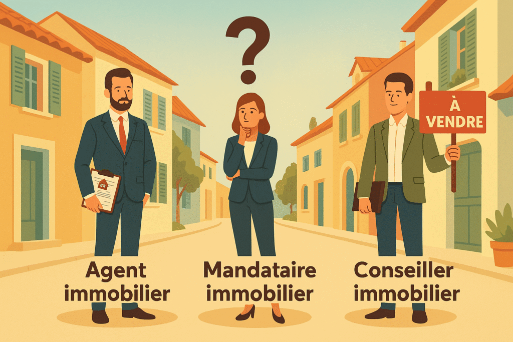 Illustration style Monsieur Z d’une rue provençale à La Crau avec des conseillers immobiliers discutant — ambiance professionnelle et méditerranéenne d'un agent immobilier à la crau