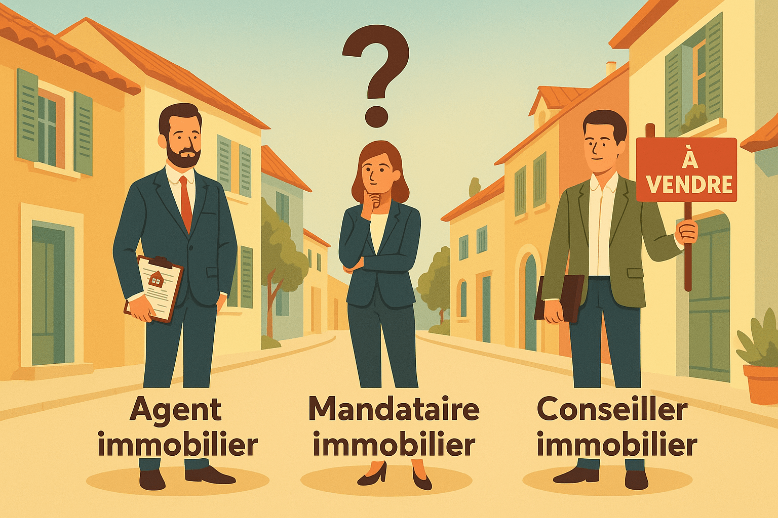 Illustration style Monsieur Z d’une rue provençale à La Crau avec des conseillers immobiliers discutant — ambiance professionnelle et méditerranéenne d'un agent immobilier à la crau