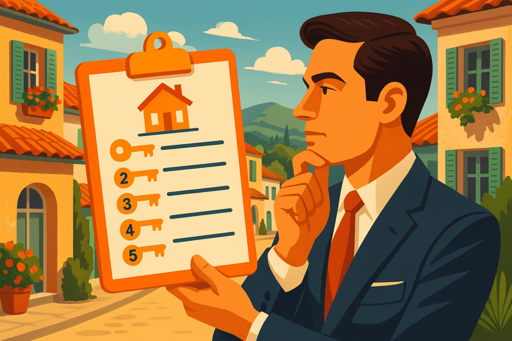 Illustration style Monsieur Z représentant plusieurs agents immobiliers à La Crau discutant devant des maisons provençales colorées sous le soleil du Var.
