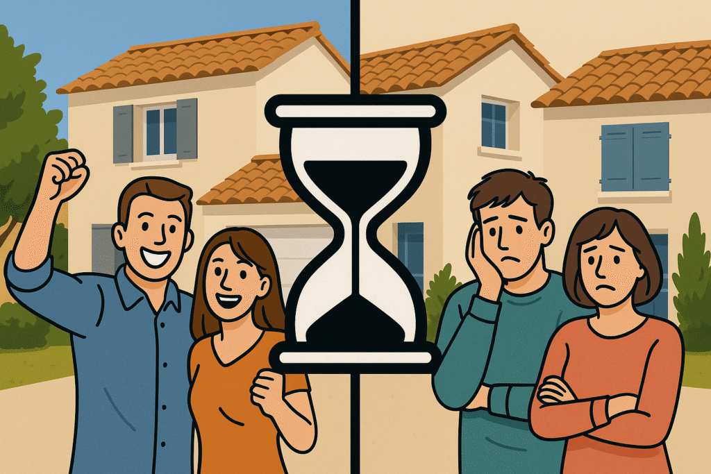 illustration vendre maison la crau sablier vendeurs heureux et vendeurs déçus