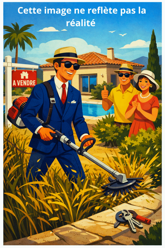 Agent immobilier débroussaillant un terrain avant une vente Agent immobilier débroussaillant le terrain d’une maison avant sa mise en vente dans le Var