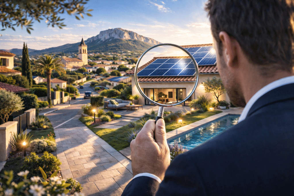 conseiller observant à la loupe une maison avec panneaux solaires à La Crau (83260) devant le mont Coudon