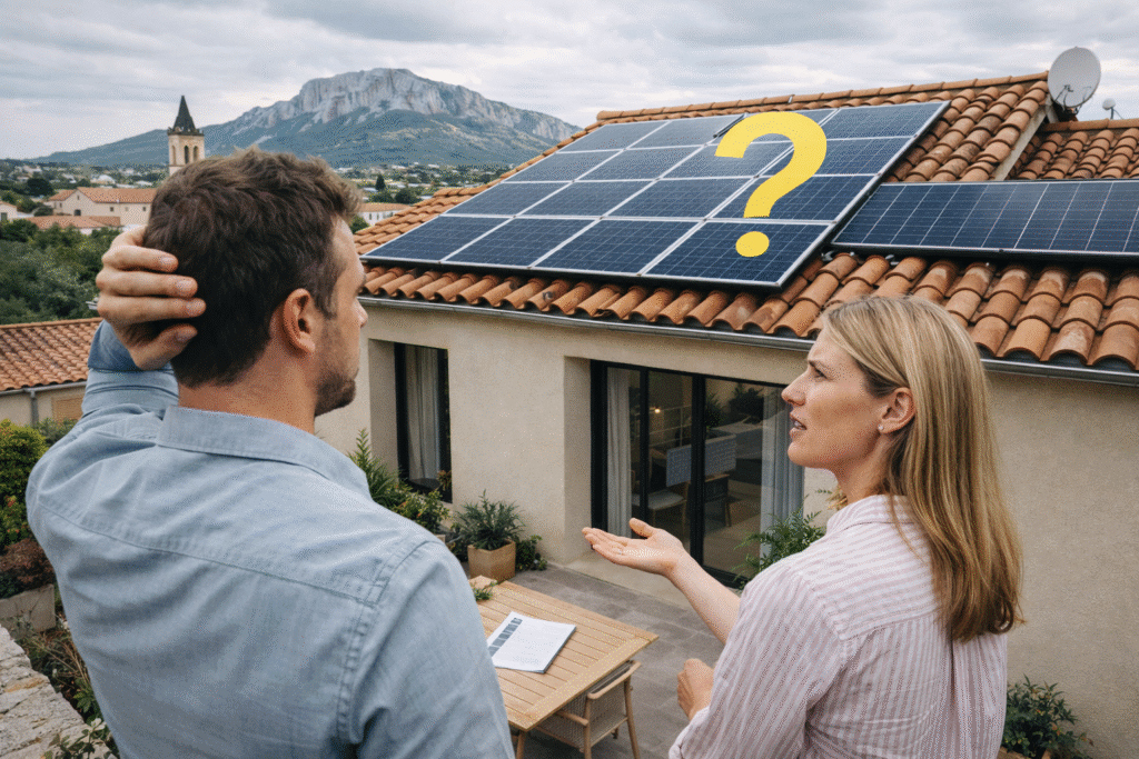 Inspection d’une toiture abîmée avec panneaux solaires à La Crau (83260) illustrant les erreurs à éviter avant installation