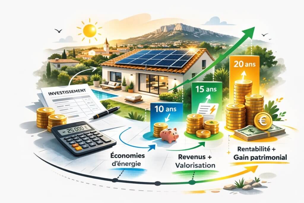 Illustration du calcul de rentabilité des panneaux solaires à La Crau (83260) sur 10, 15 et 20 ans