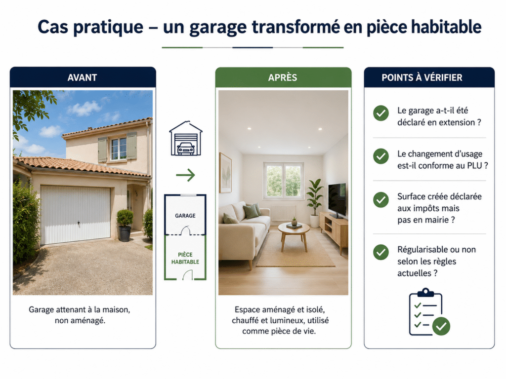 Exemple d’un garage transformé en pièce habitable avec les points à vérifier avant une vente immobilière à la crau