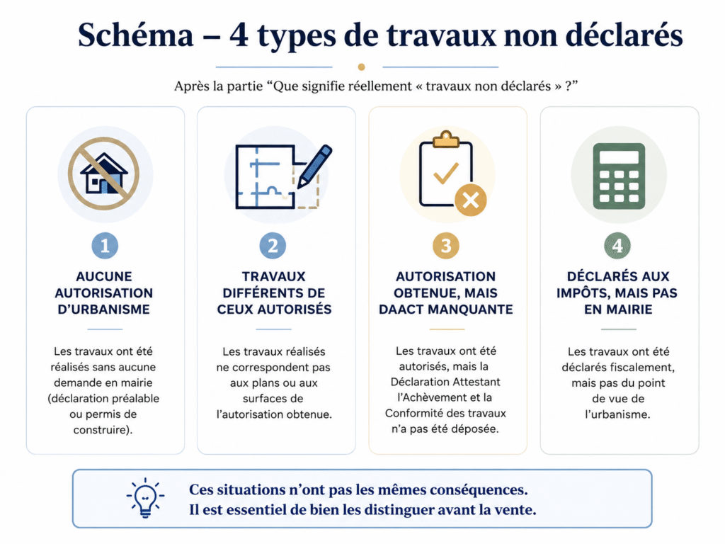 Schéma des quatre types de travaux non déclarés lors d’une vente immobilière : absence d’autorisation, travaux différents des plans, DAACT manquante et déclaration fiscale