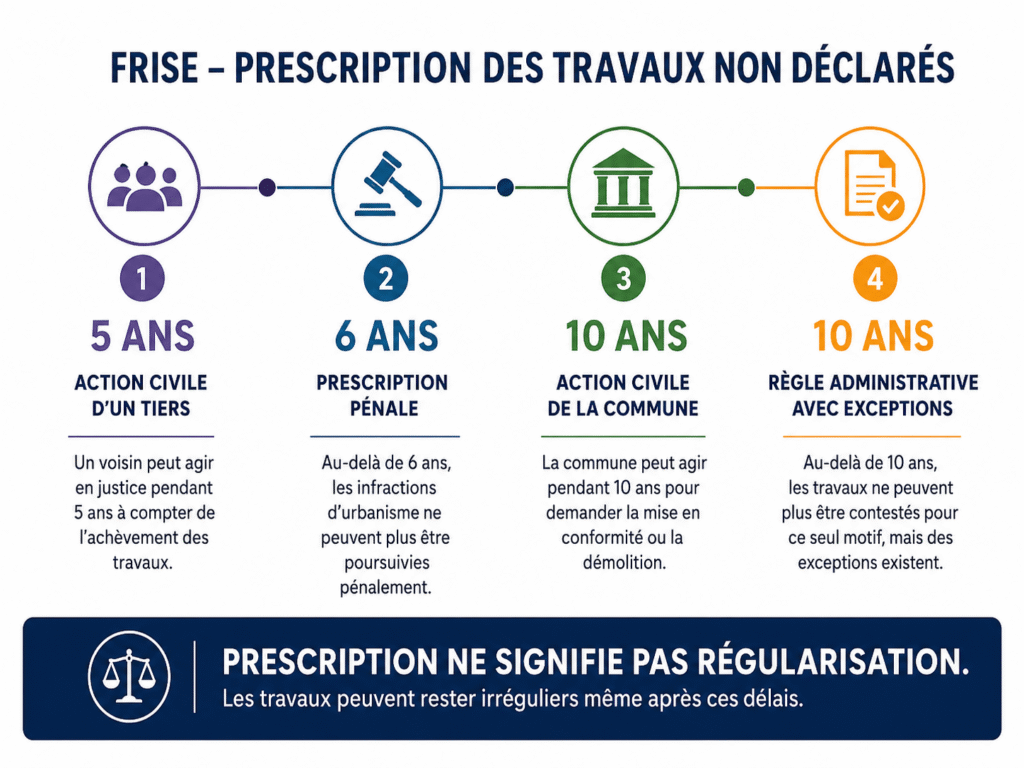 Frise des délais de prescription des travaux non déclarés maison à la crau : 5 ans, 6 ans, 10 ans et exceptions administratives