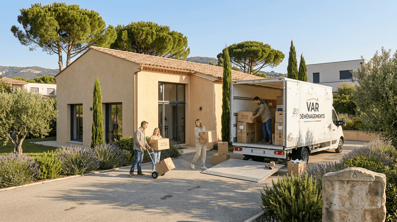 Villa provençale avec camion de déménagement, illustrant le tri et le débarras d'un bien avant sa mise en vente en succession à La Crau