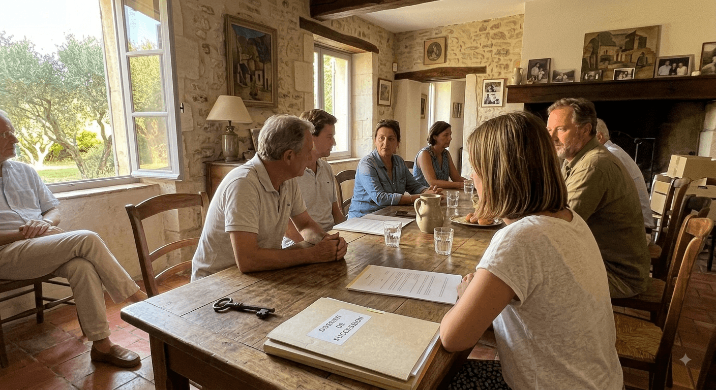 Famille réunie autour d'un dossier de succession dans un mas provençal, illustrant un accord entre héritiers