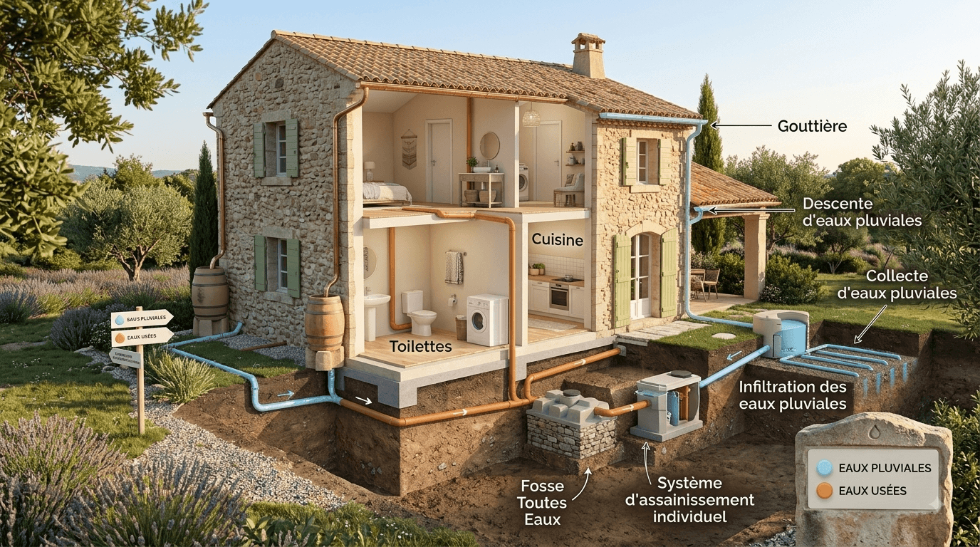 Schéma d'une maison à La Crau montrant les réseaux séparés d'eaux pluviales et d'eaux usées, cause fréquente d'assainissement non conforme