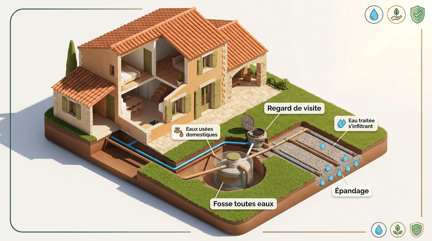 Regard de visite et fosse toutes eaux d'un assainissement non conforme dans le jardin d'une maison à La Crau