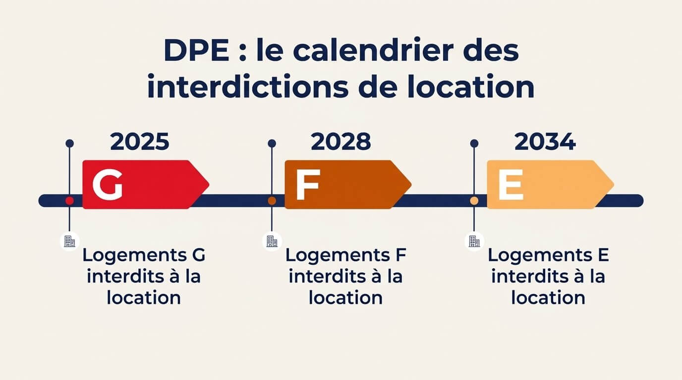 Calendrier du DPE : logements classés G interdits à la location depuis 2025, F en 2028 et E en 2034