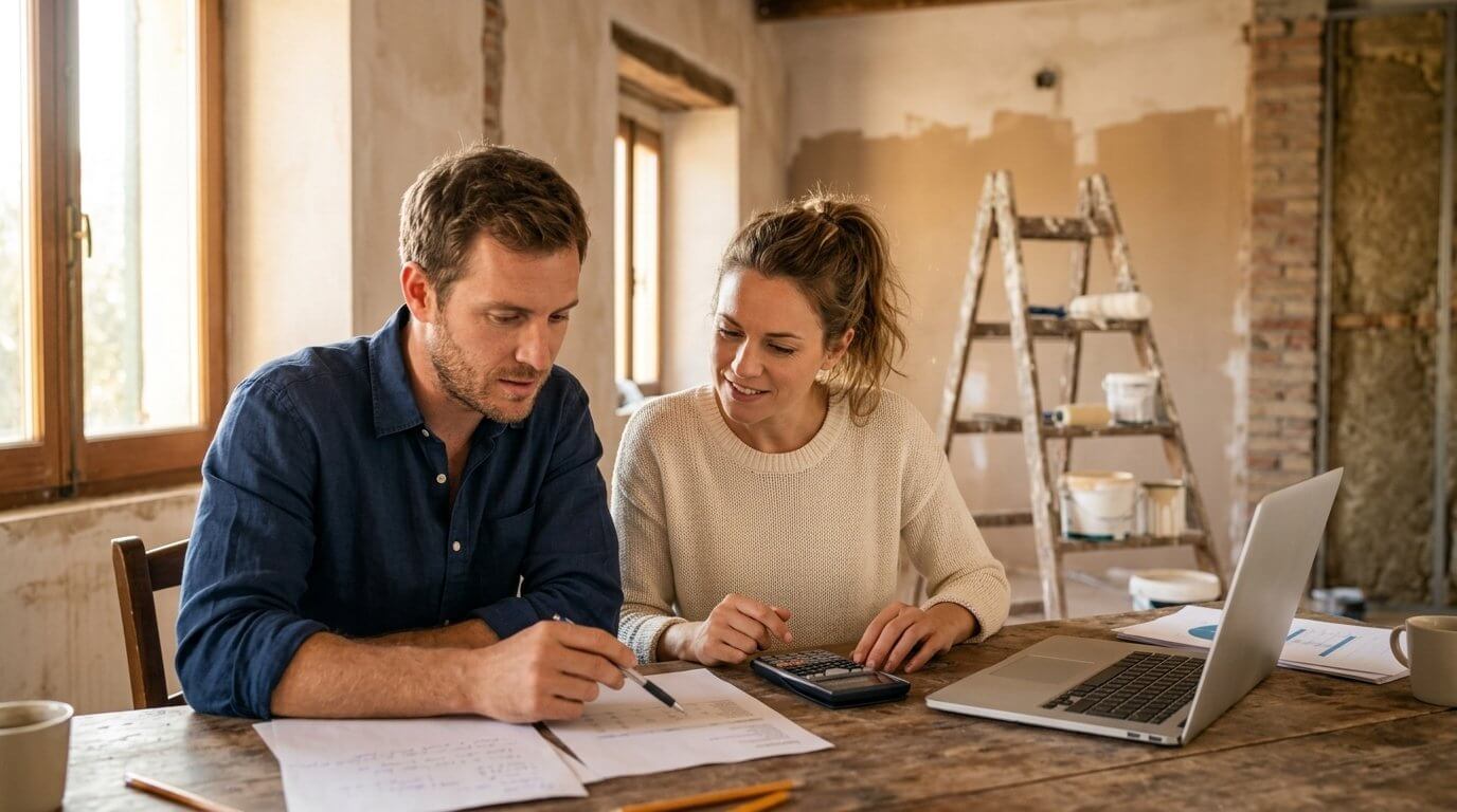 Couple étudiant les devis de travaux et les aides à la rénovation pour financer l'achat d'une maison à La Crau