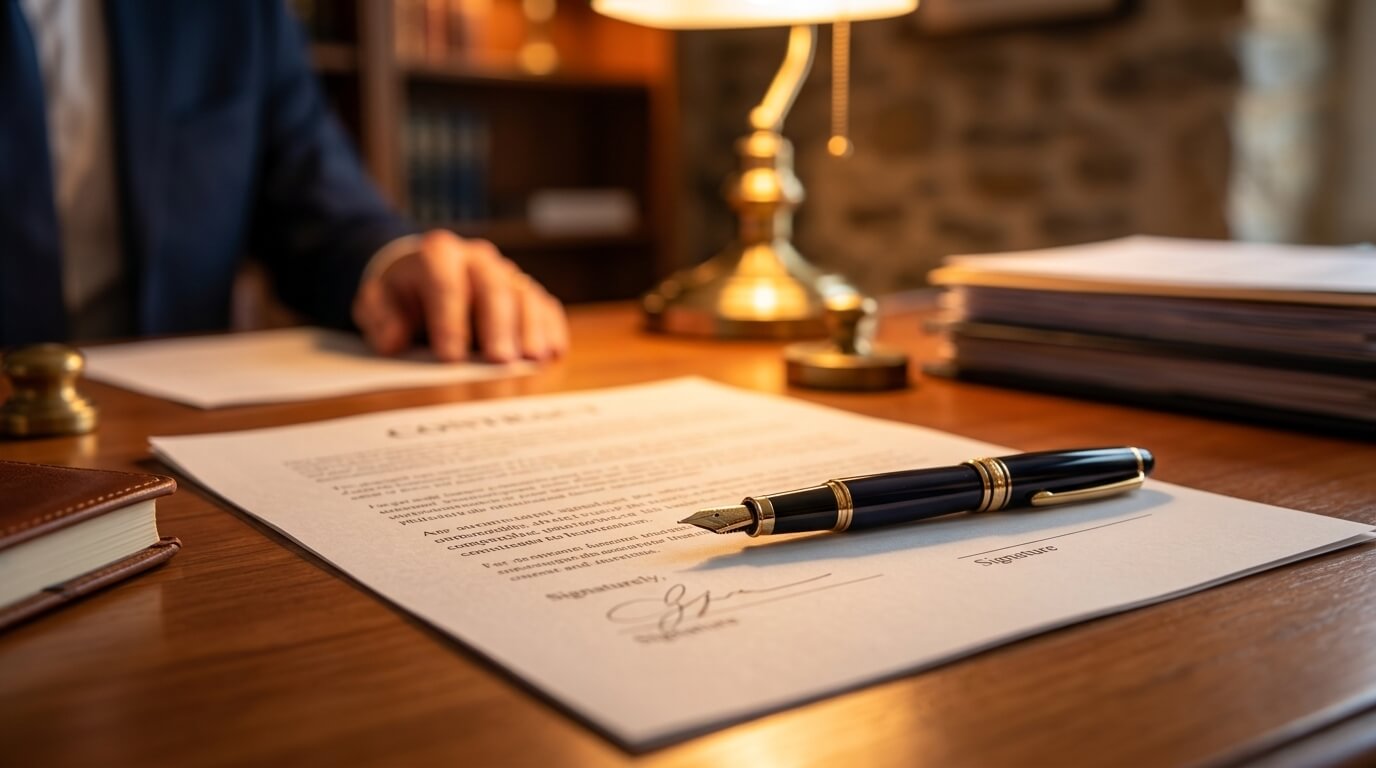 Stylo posé sur un acte notarié signé, symbole de la signature chez le notaire lors d'un achat immobilier en couple