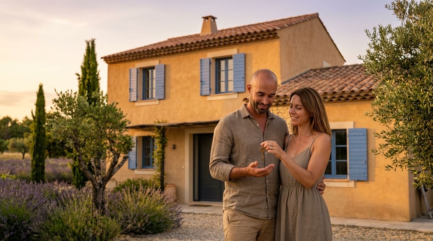 Couple heureux avec les clés devant une maison provençale à La Crau, illustrant l'achat immobilier selon le régime matrimonial