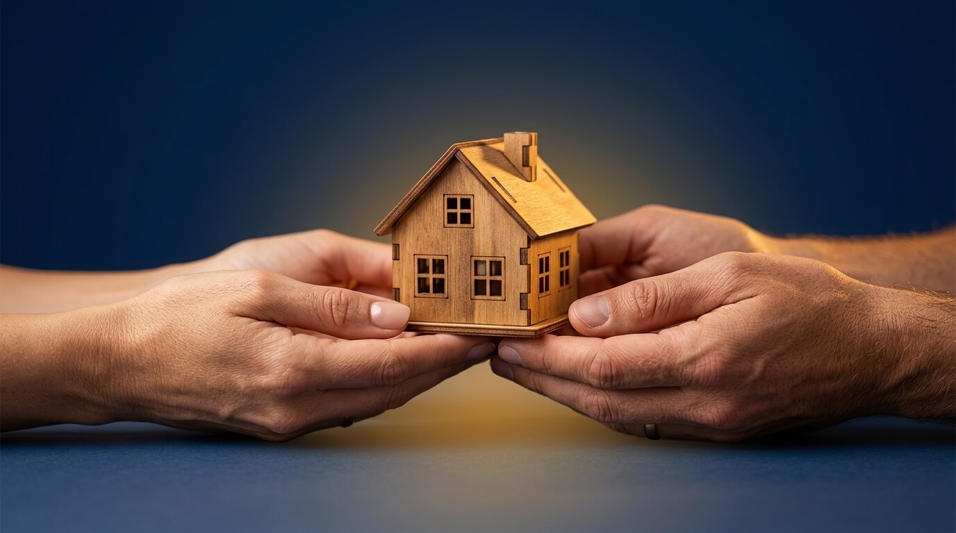 Deux mains tenant ensemble une maquette de maison, symbolisant un achat immobilier en couple, marié, pacsé ou en union libre