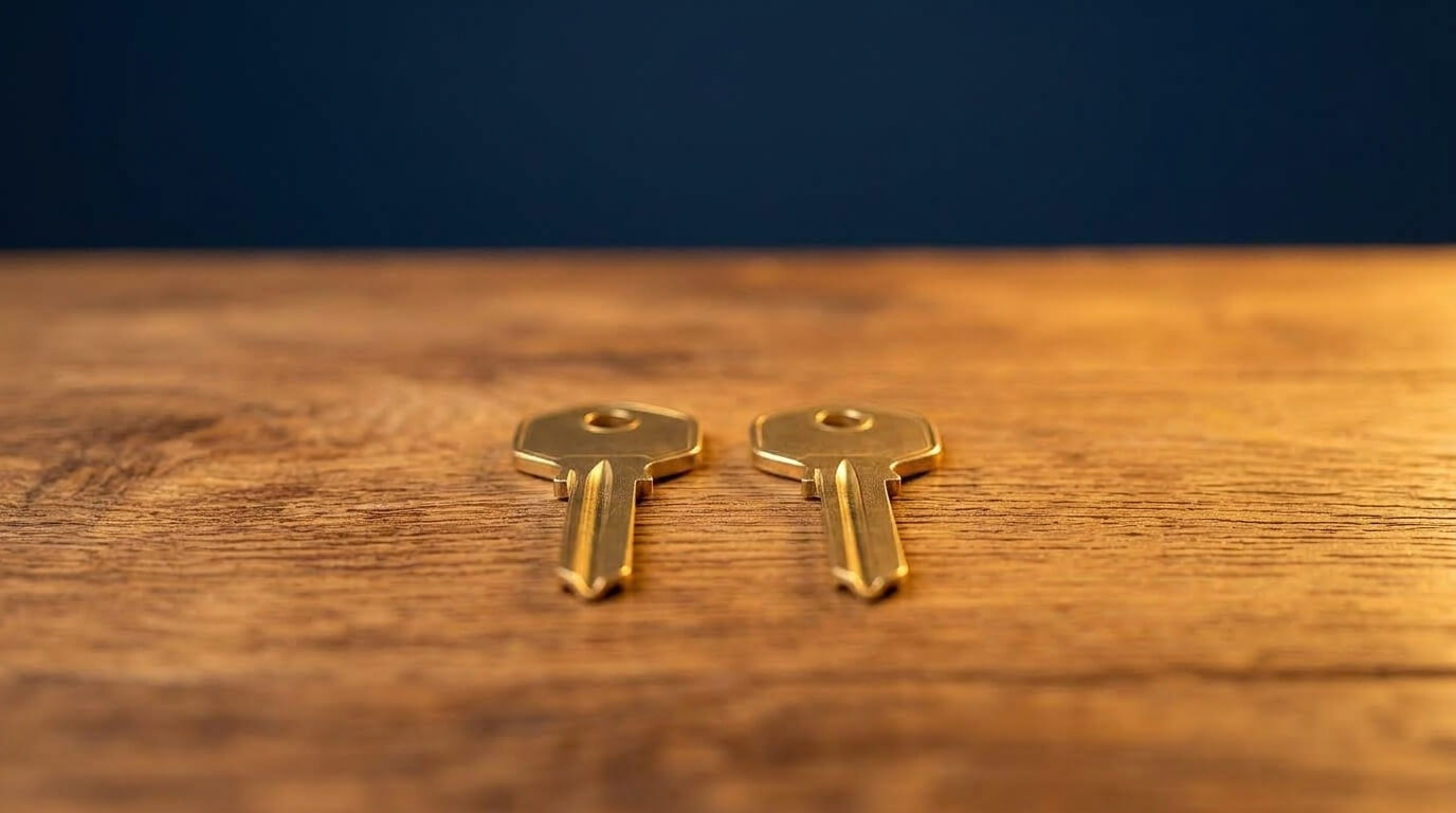 Deux clés identiques posées côte à côte sur une table en bois, symbole de l'égalité et de la protection du logement familial entre partenaires