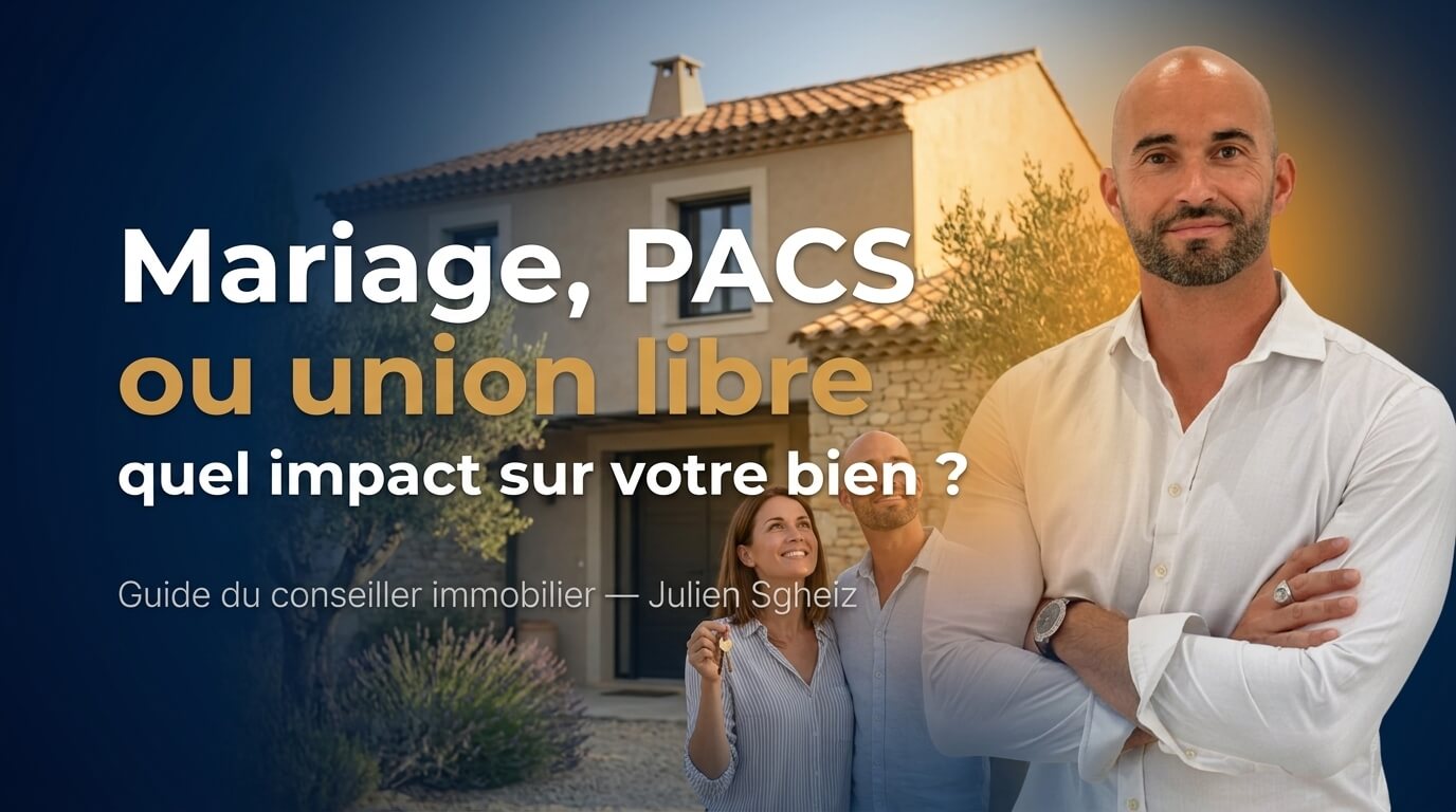 Couple achetant une maison provençale à La Crau avec leur conseiller immobilier Julien Sgheiz - impact du mariage, du PACS et de l'union libre sur l'achat immobilier