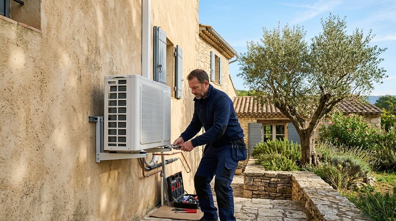Installation d'une pompe à chaleur air-eau sur une maison du Var, l'un des travaux encore financés par MaPrimeRénov' en 2026